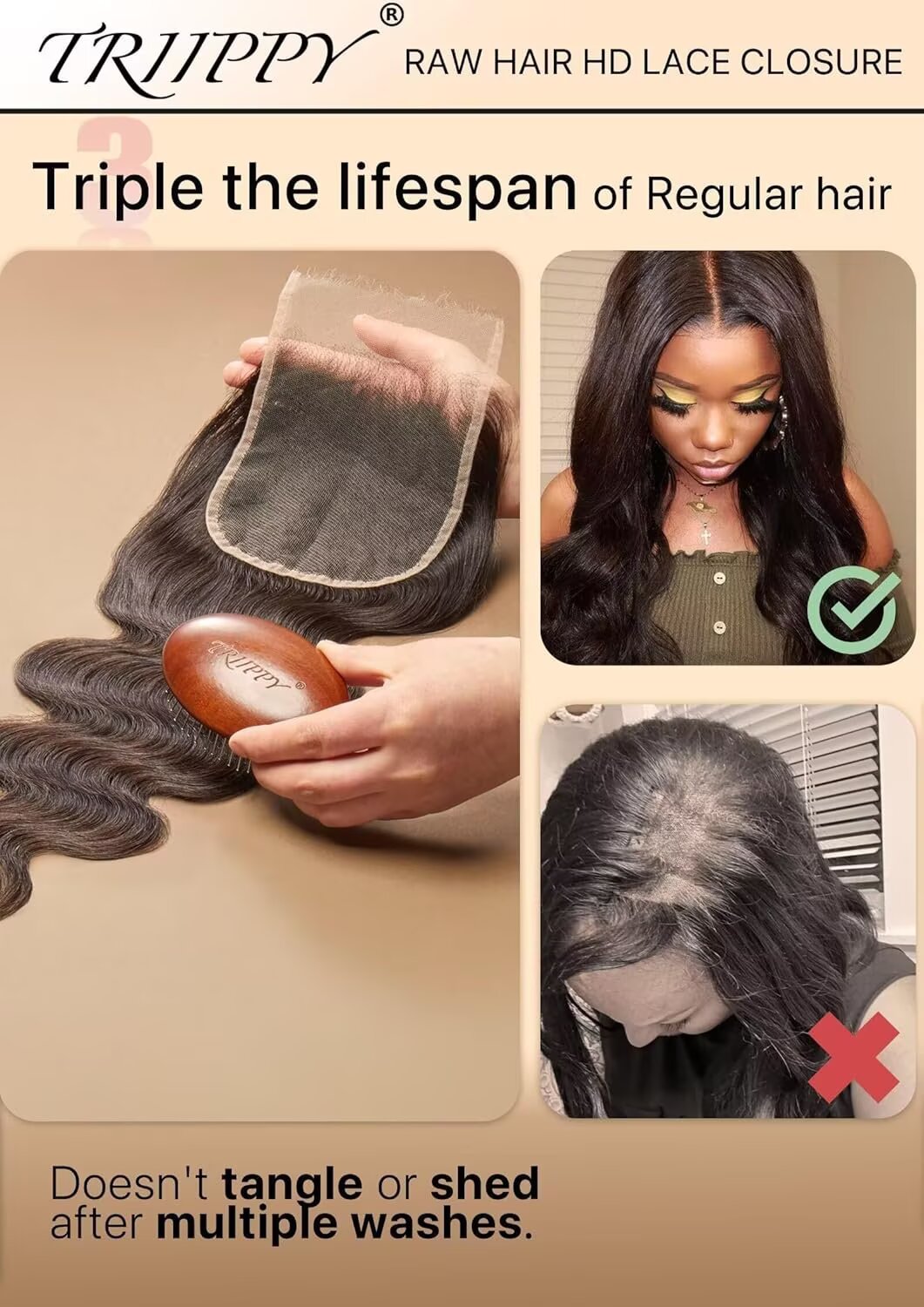 Triippy Raw Hair 5x5 HD Lace Closure Body Wave More Less Shedding than Regular Virgin Hair,0.10mm Ultra-Thin 5x5 Swiss Real HD Lace with 100% Raw Cambodian Human Hair
